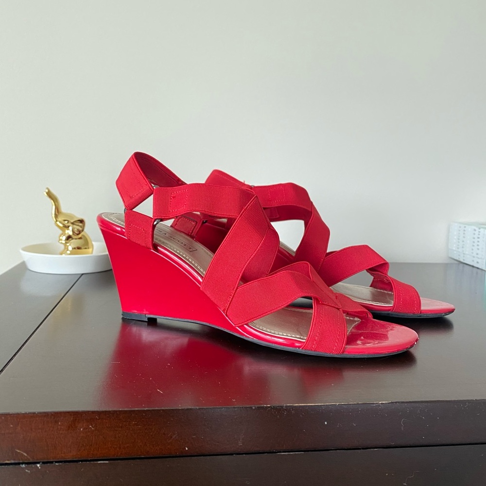 NWOT Sexy Red Wedges with stretchy straps